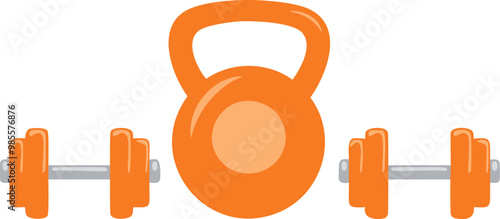 Orange Kettlebell & Barbell; exercise & fitness concept for sports, athletes and lifestyle