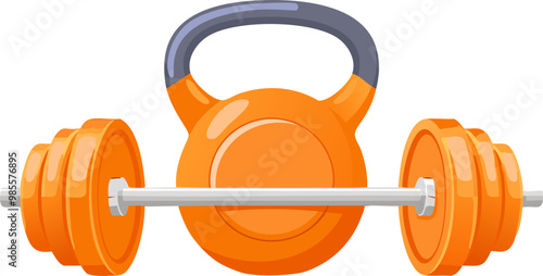 Orange Kettlebell & Barbell; exercise & fitness concept for sports, athletes and lifestyle