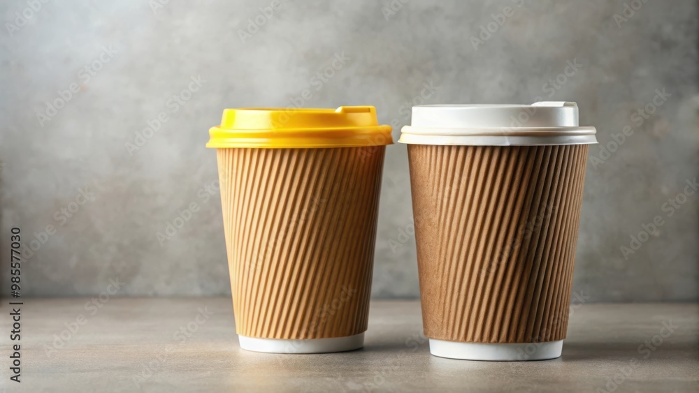 Two disposable cardboard cups for hot tea or coffee with brown and yellow plastic lids on a background Two disposable cardboard cups for hot tea or coffee with brown and yellow plastic lids on a background