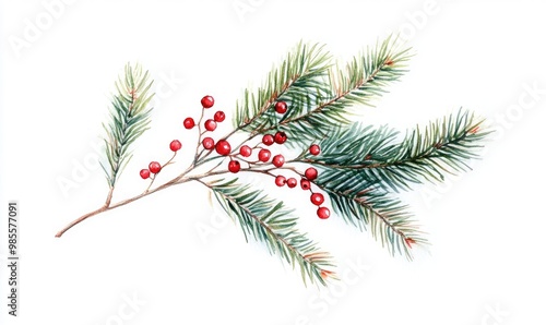 A watercolor painting of a Christmas tree branch with red berries