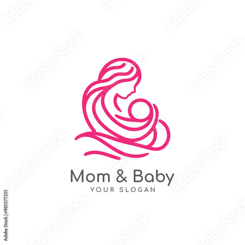 happy mother and baby icon logo design. badges for children store & baby care center. mom & baby line art illustration