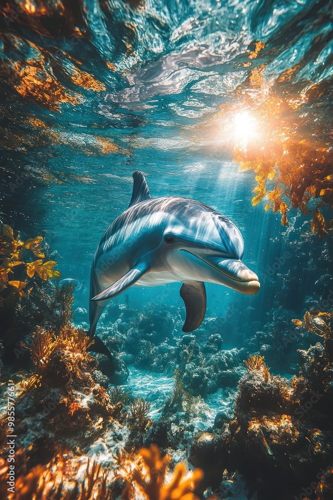 Fototapeta premium Dolphin Swimming Beneath Sunlit Ocean Surface – Stunning Underwater Wildlife Scene with Vibrant Coral Reefs