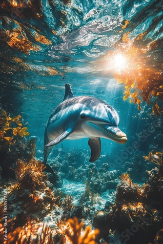 Dolphin Swimming Beneath Sunlit Ocean Surface – Stunning Underwater Wildlife Scene with Vibrant Coral Reefs