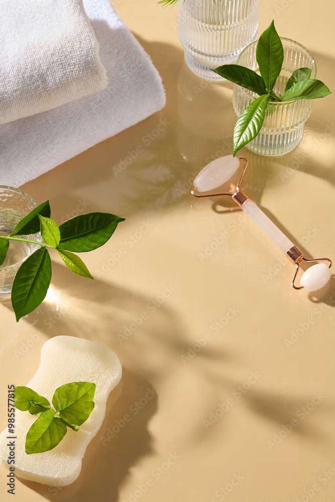 The spa concept photo from top shot, some spa theme decorative items flat lay on beige table top. Blank space for product displaying and adding text The spa concept photo from top shot, some spa theme decorative items flat lay on beige table top. Blank space for product displaying and adding text