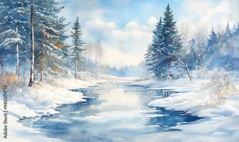 A painting of a snowy landscape with a river and trees A painting of a snowy landscape with a river and trees