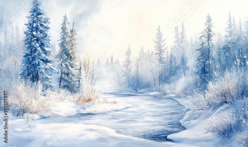 A painting of a snowy landscape with a river and trees