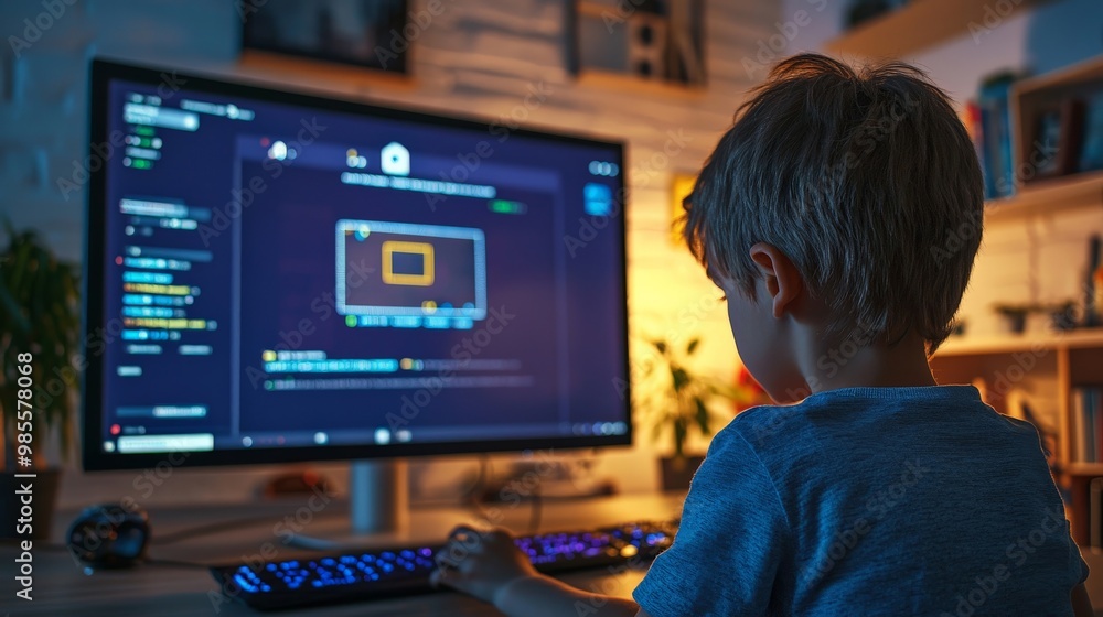 A child playing the role of a video game developer, designing a new game level on a toy computer, A child playing the role of a video game developer, designing a new game level on a toy computer,