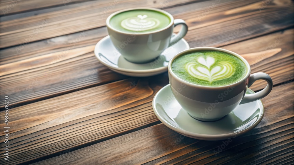 Two cups of hot matcha latte on wooden floor, cozy and inviting atmosphere