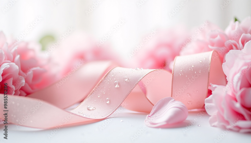 Close-Up of Soft Pink Ribbon and Delicate Pink Flowers Close-Up of Soft Pink Ribbon and Delicate Pink Flowers