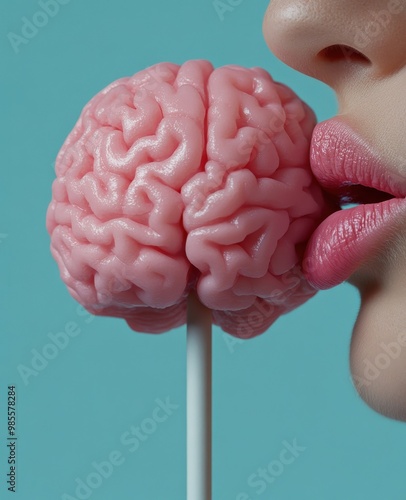 Close-up of a pink lollipop shaped like a human brain being approached by lips against a teal background photo