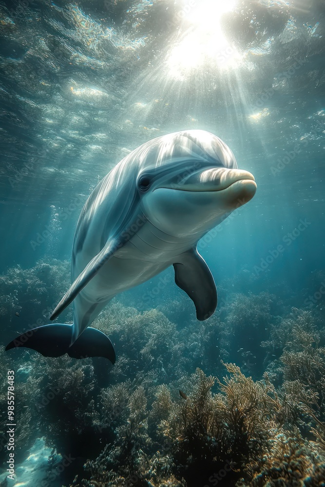 Fototapeta premium Dolphin Swimming Beneath Sunlit Ocean Surface – Stunning Underwater Wildlife Scene with Vibrant Coral Reefs
