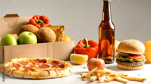 A colorful assortment of burgers, pizza, fruits, and a beer bottle laid out invitingly for a perfect casual feast photo