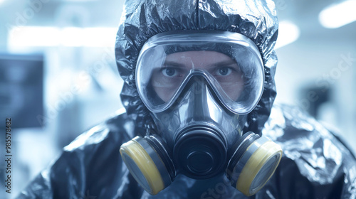 A lab worker dons a sleek hazmat suit and gas mask, focusing intently in a cutting-edge research facility filled with sophisticated equipment photo