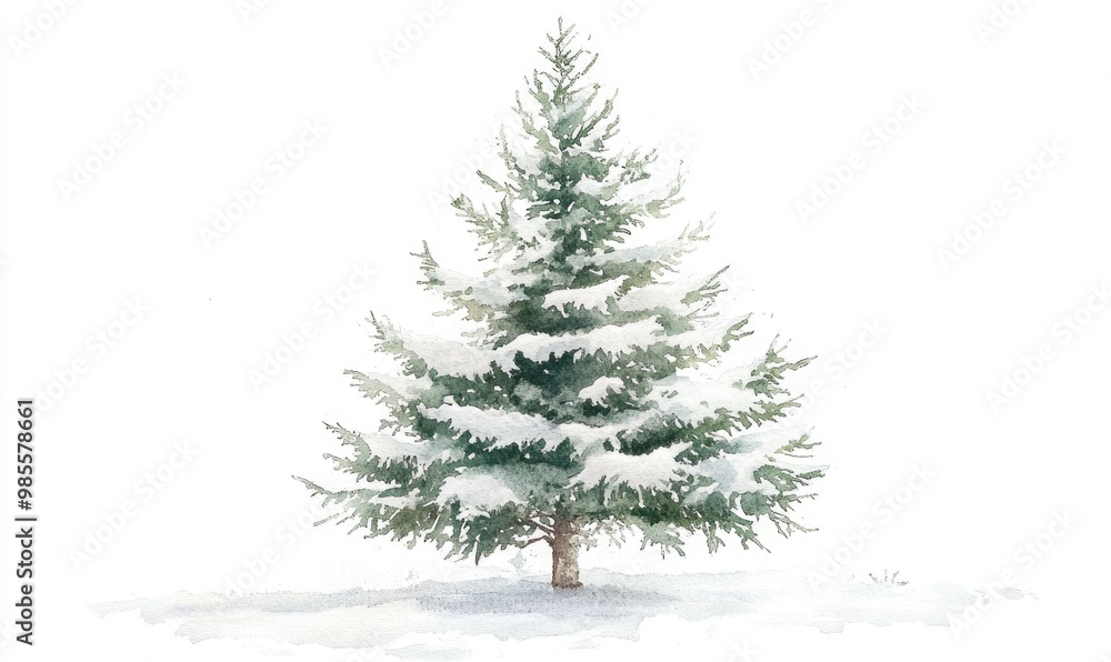 A snow covered pine tree is the main focus of the image A snow covered pine tree is the main focus of the image