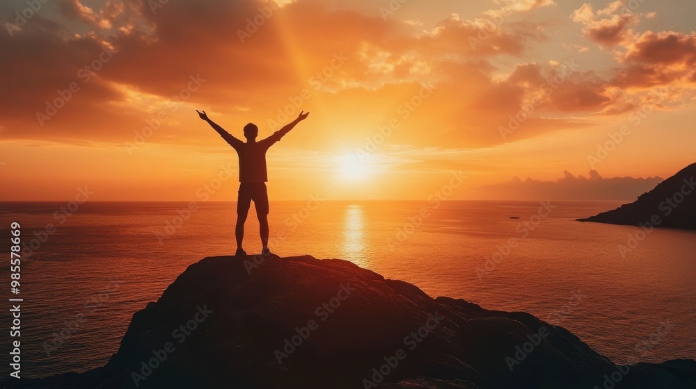 A man stands on a rock overlooking the ocean at sunset A man stands on a rock overlooking the ocean at sunset
