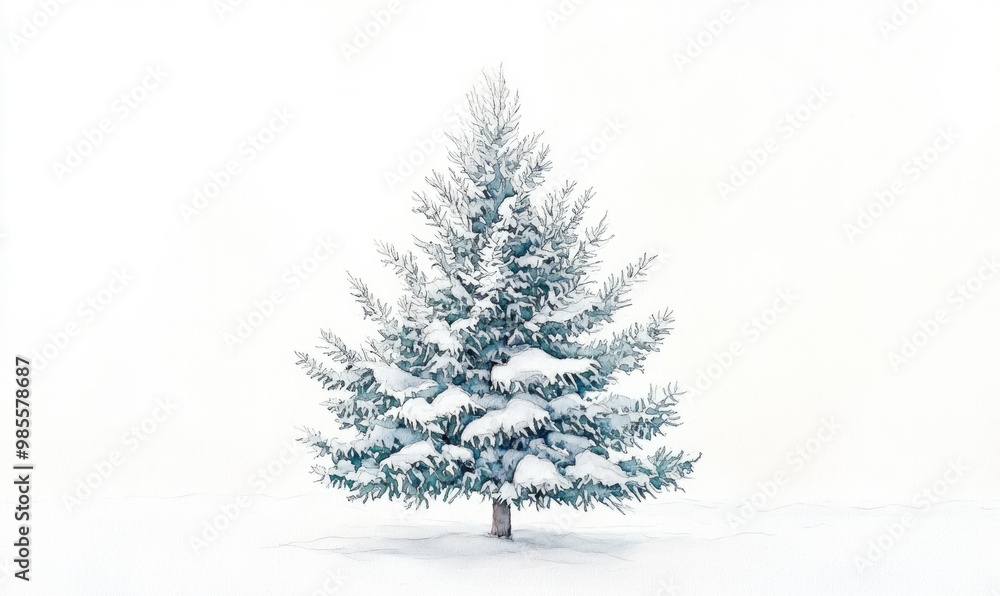 A snow covered pine tree stands alone in a field A snow covered pine tree stands alone in a field
