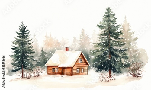 A cabin is surrounded by trees and snow