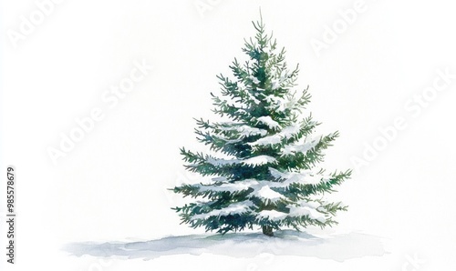A snow covered pine tree stands alone in a white background