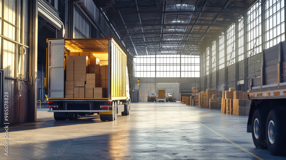 A truck stands with open doors, efficiently loading and unloading boxes in a vast warehouse filled with natural light and high ceilings, showcasing a busy logistics hub A truck stands with open doors, efficiently loading and unloading boxes in a vast warehouse filled with natural light and high ceilings, showcasing a busy logistics hub