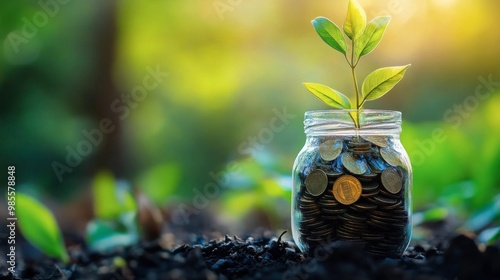 Wallpaper Mural A jar filled with coins and a plant growing out of it Torontodigital.ca