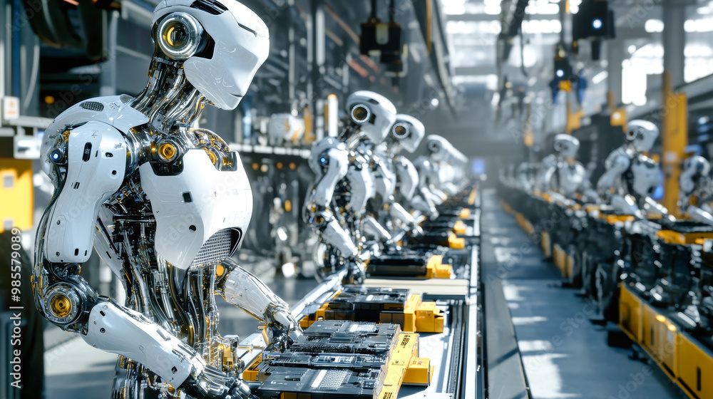 In a vibrant factory, advanced robots collaborate on assembly lines, expertly crafting intricate products in a dynamic and innovative workspace In a vibrant factory, advanced robots collaborate on assembly lines, expertly crafting intricate products in a dynamic and innovative workspace