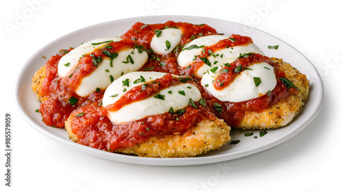 Plate of chicken Parmesan with marinara sauce and mozzarella water color, isolated on white background