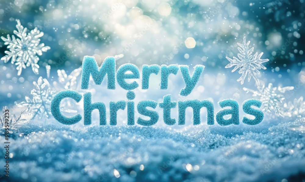 Merry Christmas is written in blue letters on a snowy background Merry Christmas is written in blue letters on a snowy background