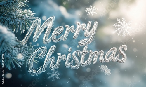 Merry Christmas is written in a frosty font on a blue background