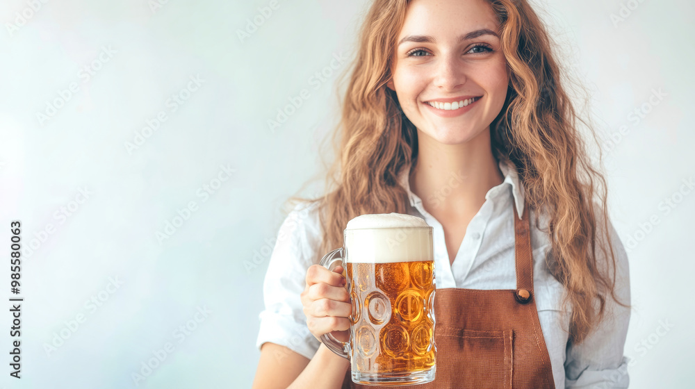 A joyful woman in an apron holds a large beer mug, radiating warmth and festive spirit, perfect for Oktoberfest celebrations amidst a light background A joyful woman in an apron holds a large beer mug, radiating warmth and festive spirit, perfect for Oktoberfest celebrations amidst a light background