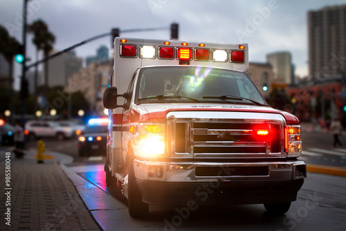 An ambulance with lights activated and a police car behind it  in an urban environment
