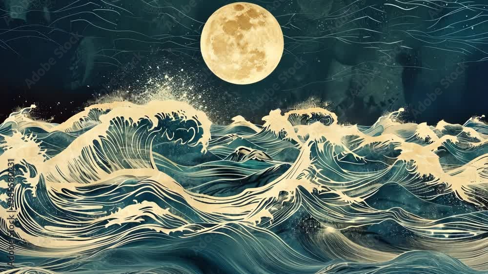 Majestic ocean waves under a bright full moon with swirling winds at ...