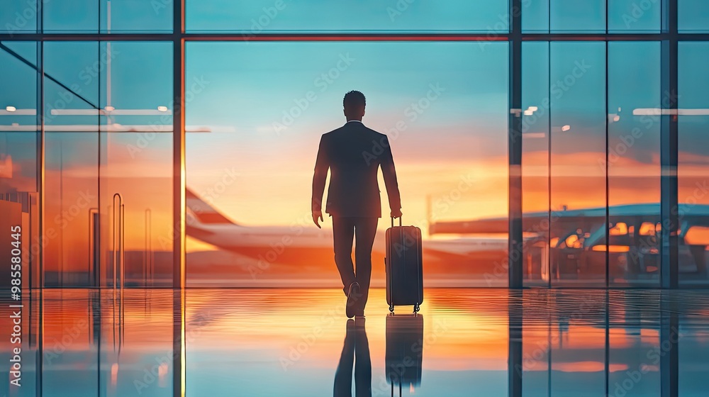 A businessman in a suit heading toward the boarding gate at an airport, suitcase in tow, symbolizing global business trips and opportunities. A businessman in a suit heading toward the boarding gate at an airport, suitcase in tow, symbolizing global business trips and opportunities.