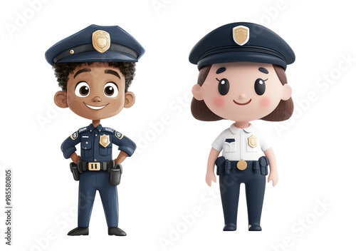 set of 2 cute cartoon character dressed as a police officer, featuring a blue uniform, PNG