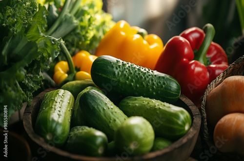 variety of crisp vegetables, such as cucumbers, bell peppers, and celery arranged in a rustic setting photo