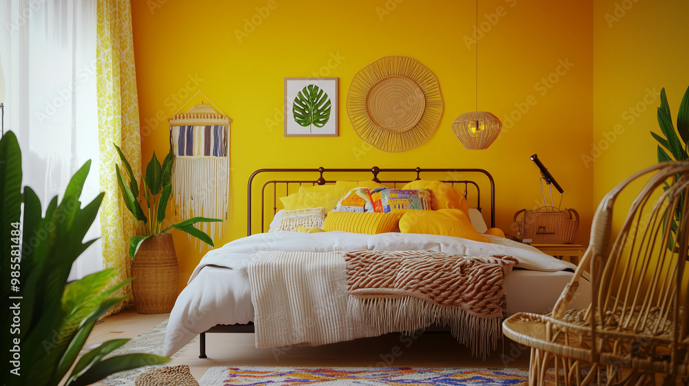 custom made wallpaper toronto digitalA vibrant citrine yellow bedroom with green plants, wooden accents, and cozy pillows, creating a warm and sunny atmosphere