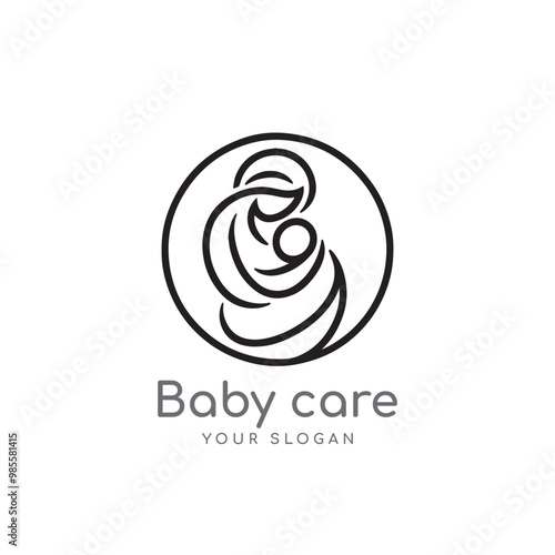 happy mother and baby icon logo design. badges for children store & baby care center. mom & baby line art illustration