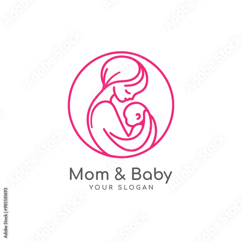happy mother and baby icon logo design. badges for children store & baby care center. mom & baby line art illustration