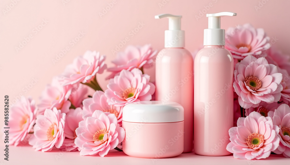 Array of Pink Personal Care Products with Flowers Array of Pink Personal Care Products with Flowers