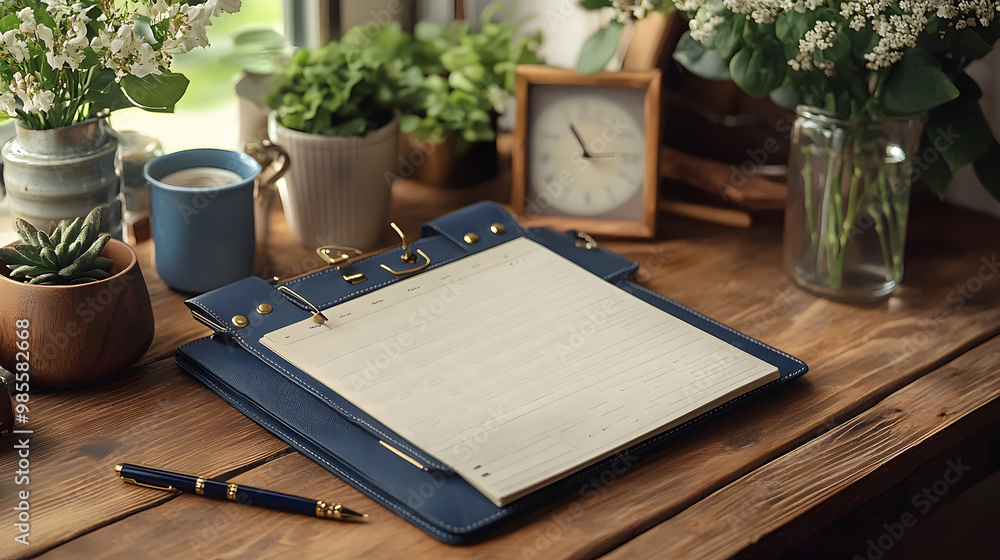 Desk setup with an open planner, calendar, and a pen, organized workspace for time management Desk setup with an open planner, calendar, and a pen, organized workspace for time management
