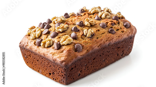 Freshly baked banana bread with walnuts and chocolate chips water color, isolated on white background