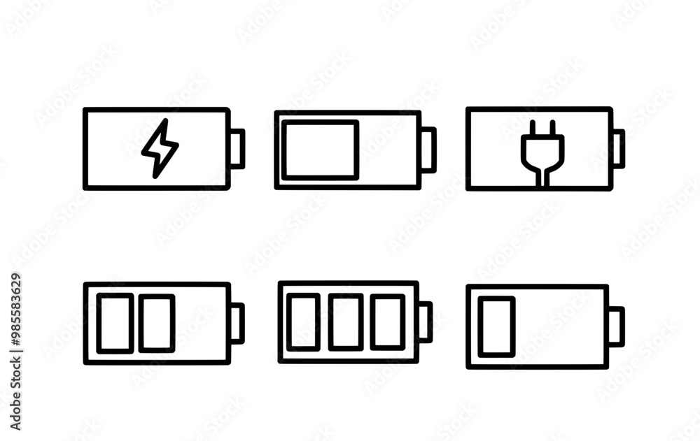 Battery Icon Set for Charging, Energy, and Power Management – Includes Battery Life, Full Charge, Low Battery, and Power Indicator Icons for Mobile, Android, iOS, and UI Applications Battery Icon Set for Charging, Energy, and Power Management – Includes Battery Life, Full Charge, Low Battery, and Power Indicator Icons for Mobile, Android, iOS, and UI Applications
