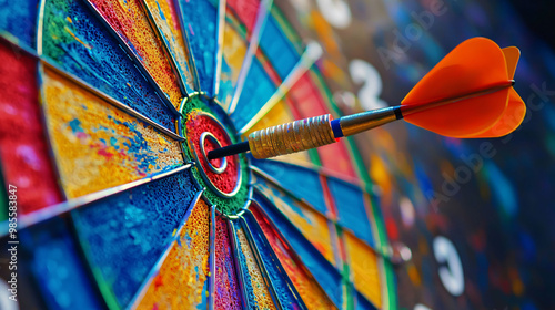 Colorful dartboard with dart hitting center, showcasing vibrant paint splashes and dynamic design. This image captures excitement of game and thrill of aiming for bullseye photo