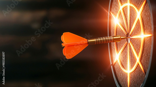 A dart hitting target made of light beams in dark setting creates striking visual. glowing target and dart emphasize precision and focus in this captivating moment