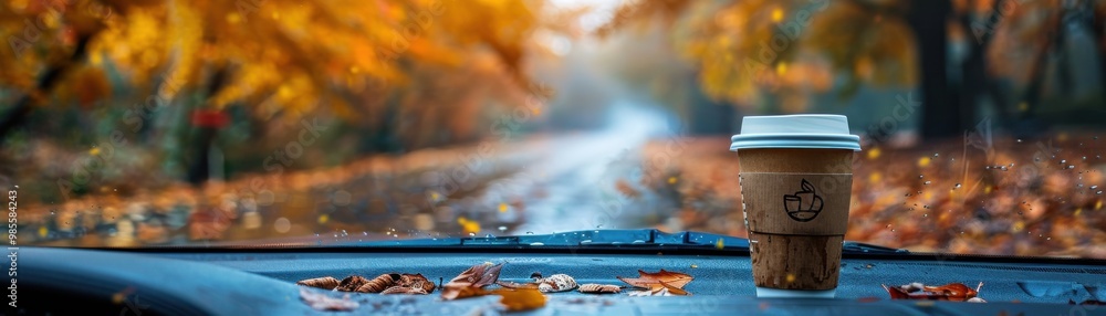 A warm coffee cup on a car dashboard during an autumn drive, surrounded by colorful leaves and a scenic fall landscape. A warm coffee cup on a car dashboard during an autumn drive, surrounded by colorful leaves and a scenic fall landscape.