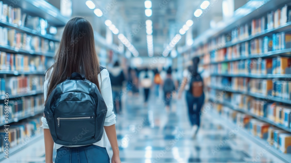 A student walks through a library with a backpack. AI. A student walks through a library with a backpack. AI.