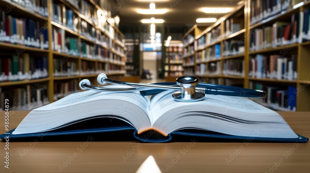 Medical textbook with stethoscope in library, symbolizing education and learning Medical textbook with stethoscope in library, symbolizing education and learning