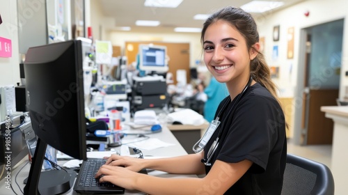 Nurse receptionist at hospital desk, engaged with computer, smiling warmly, professional demeanor
