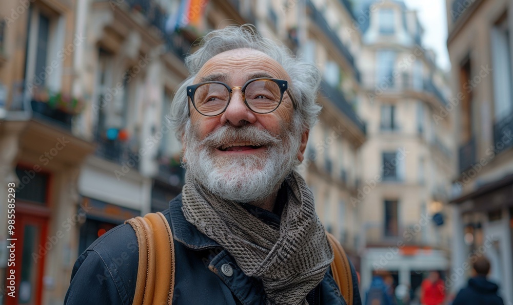 Obraz premium A senior man smiles while looking up at the sky. AI.