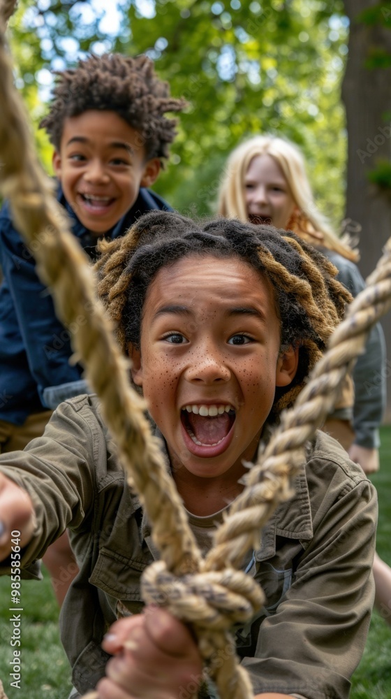 A young boy pulls on a rope while smiling and looking at the camera. AI. A young boy pulls on a rope while smiling and looking at the camera. AI.