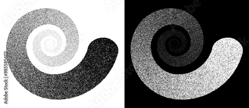 Abstract art background with dotted spiral. Stipple effect with chaotic noise. Black shape on a white background and the same white shape on the black side.